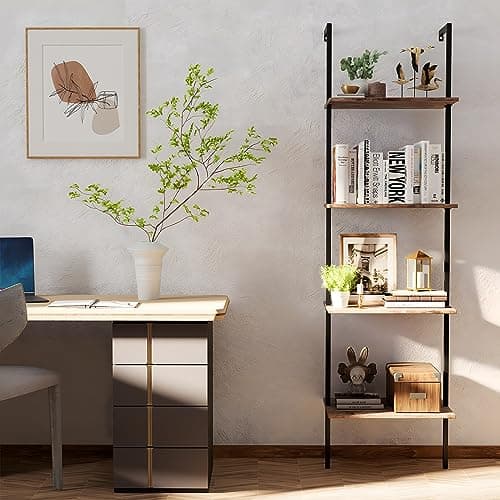 Industrial Brown 4-Tier Metal Bookshelf with Wall Mount Storage Rack