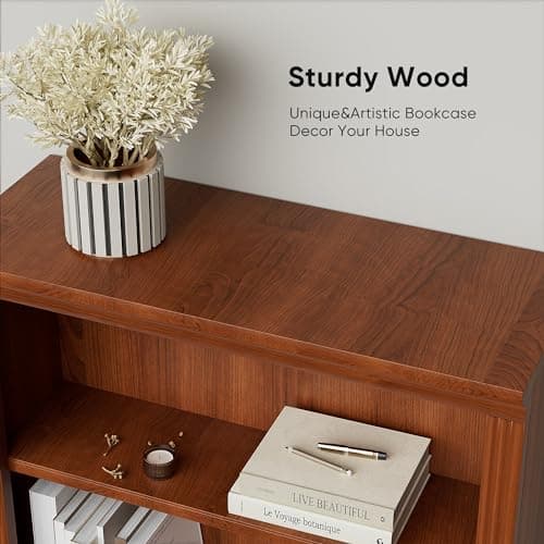 Furniwell Cherry 5-Shelf Tall Wood Bookcase, Large Storage for Library, Bedroom, Living Room