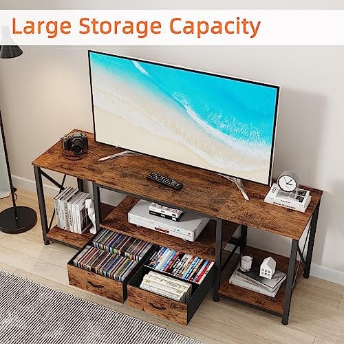 Rustic Brown TV Stand with Fabric Drawers for 65-75 Inch TVs - Entertainment Center with Open Storage Shelves for Living Room and Bedroom