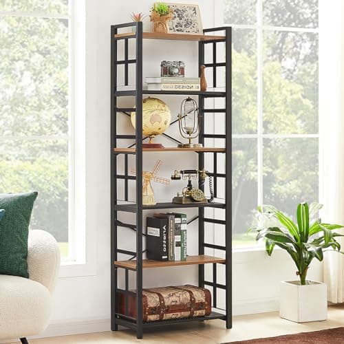 Industrial 6 Tier Bookshelf with Metal Frame - Rustic Brown