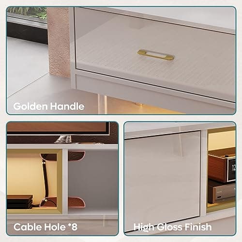 Modern TV Stand for 85 inch TV with Storage Drawer & Cabinets in White Gold