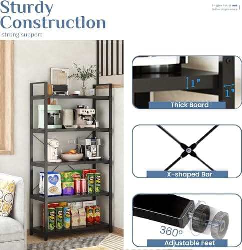 Modern Tall Bookshelf with Large Storage - 5 Tier Bookcase for Bedroom, Living Room, and Office - Black Shelf for Books and Plants.