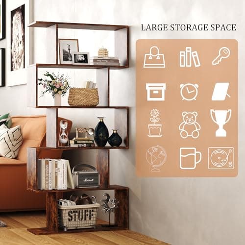 Yusong 5-Tier Geometric S-Shaped Bookshelf, Modern Rustic Brown Home Office Decor