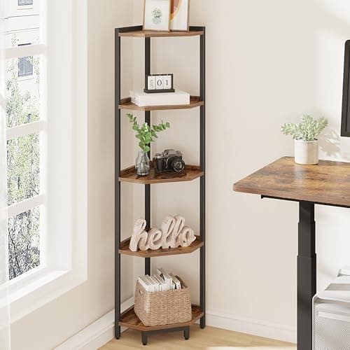 Rustic Brown 5-Tier Corner Shelf Stand, Storage Bookcase for Living Room, Home Office, Bedroom