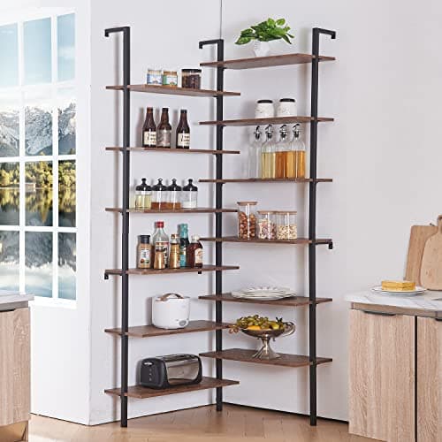 HOMISSUE 12-Tier L-Shaped Corner Bookshelf, Metal & Wood, Modern Industrial Brown
