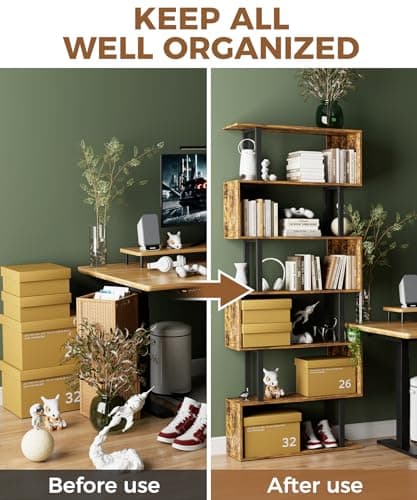 Gadroad 6 Tier Geometric S-Shaped Bookcase, Rustic Brown, Living Room Bedroom Storage