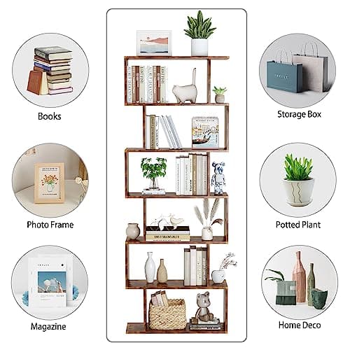 Yusong S-Shaped 6-Tier Geometric Bookcase, Modern Rustic Brown Tall Decor for Home Office & Bedroom