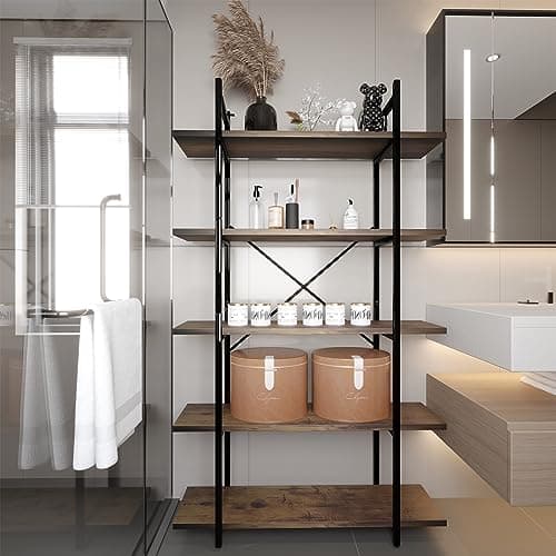 Industrial Rustic Brown Metal Bookshelf, 5 Tiers, Standing Storage for Home Office and Study.