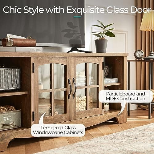 LINSY HOME Sturdy 65 Inch TV Stand with Glass Door Storage & Adjustable Shelves