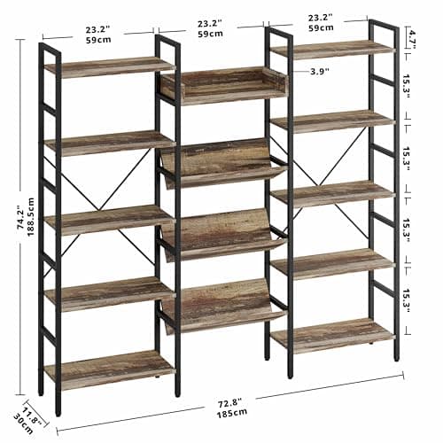 IRONCK Industrial Triple Wide 5 Tiers Bookshelf with Metal Frame for Living Room and Home Office