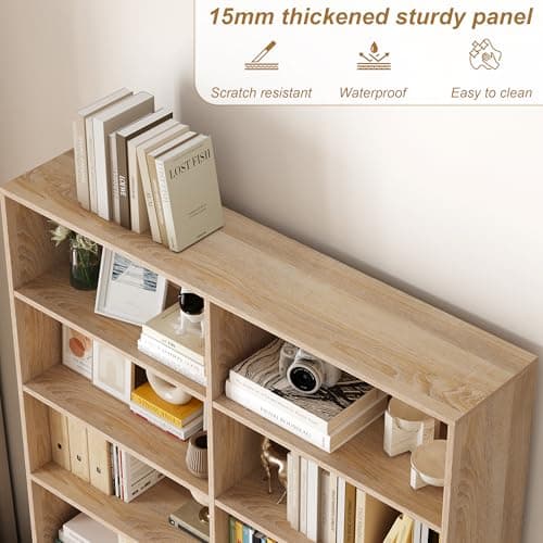 Double Wide 6-Tier Bookshelf, Tall Display Storage, Light Oak Home Decor