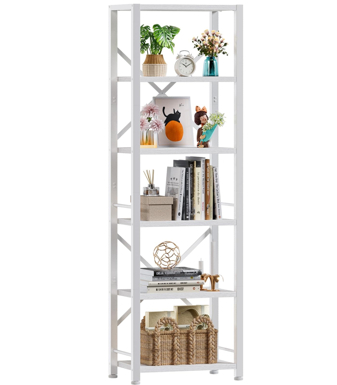 Furologee White Tall Bookshelf with 6 Shelves for Living Room and Home Office