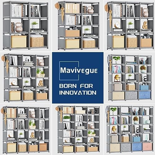Mavivegue 9 Cube Metal Bookshelf, Grey Storage Organizer for Bedroom and Office