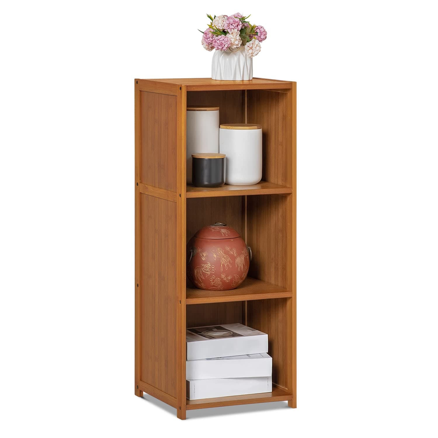 MoNiBloom Brown 3-Tier Bamboo Tall Standing Bookshelf for Living Room Storage