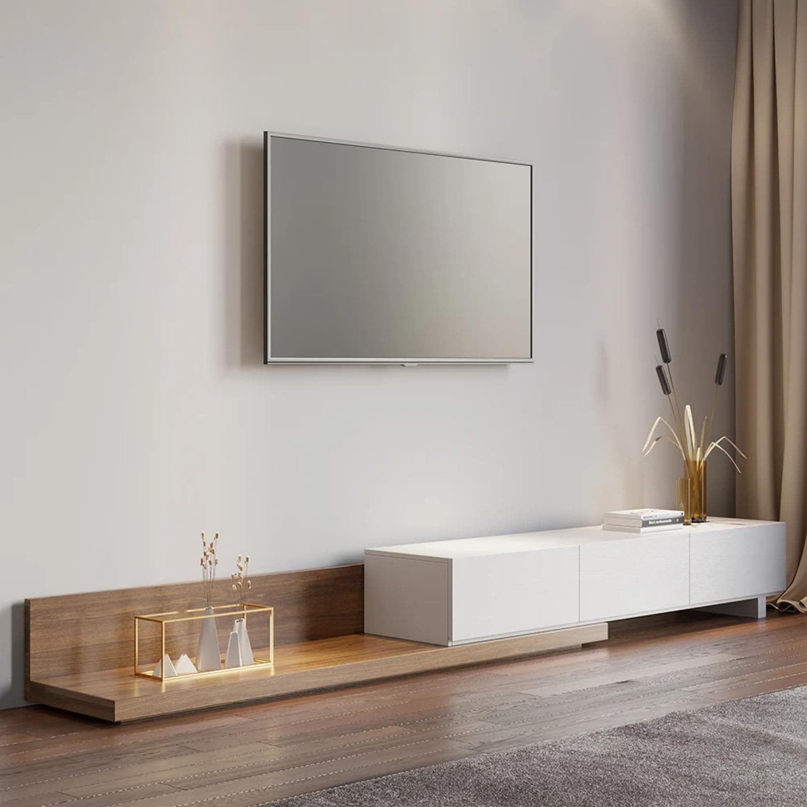 Homary White & Walnut Extendable TV Stand with Shelves & Drawers