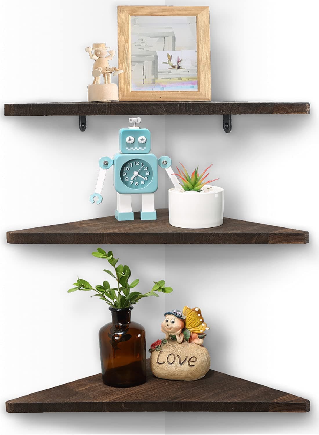 Joiishom Dark Brown Corner Wall Shelf Set of 3