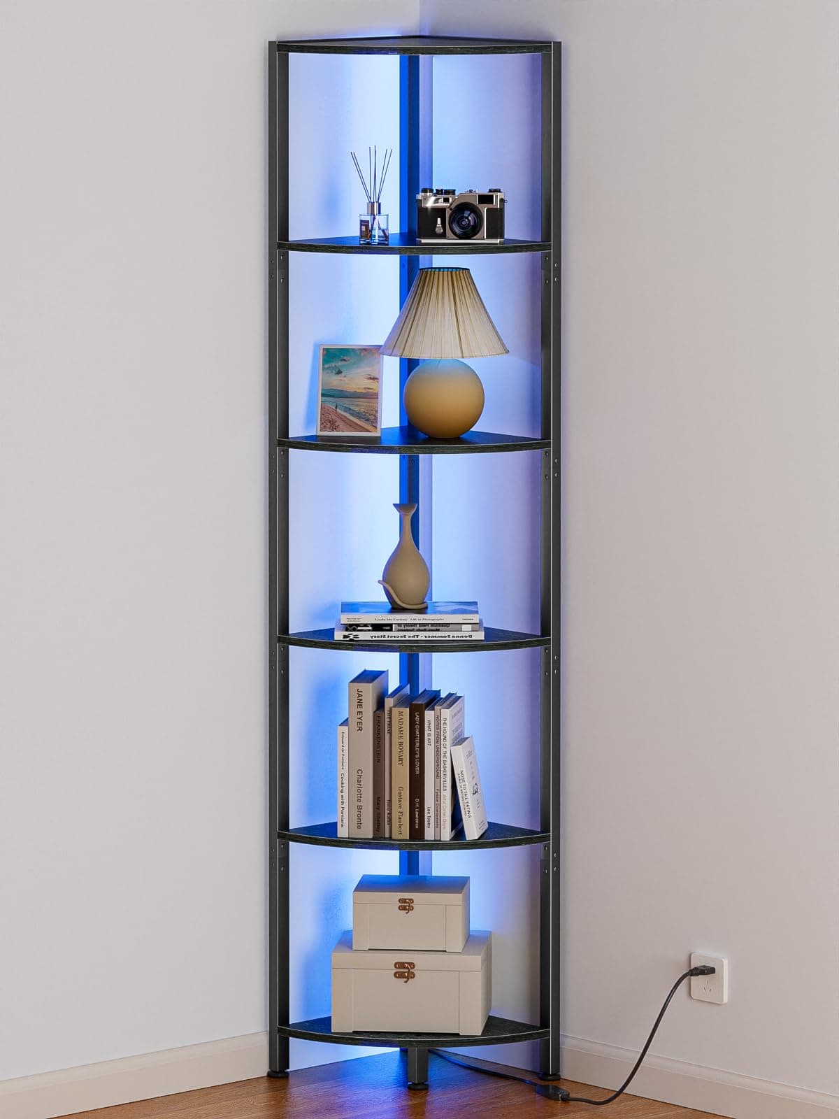 Furnulem 6 Tier LED Light Standing Shelf, 67.5” Tall, Black Narrow Bookshelf with Storage