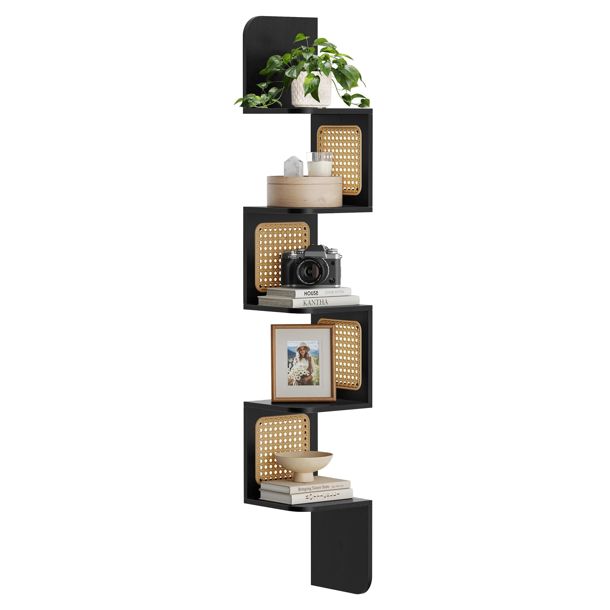 Boho Style 5-Tier Corner Shelf with Rattan Sides for Kitchen, Living Room, Bedroom