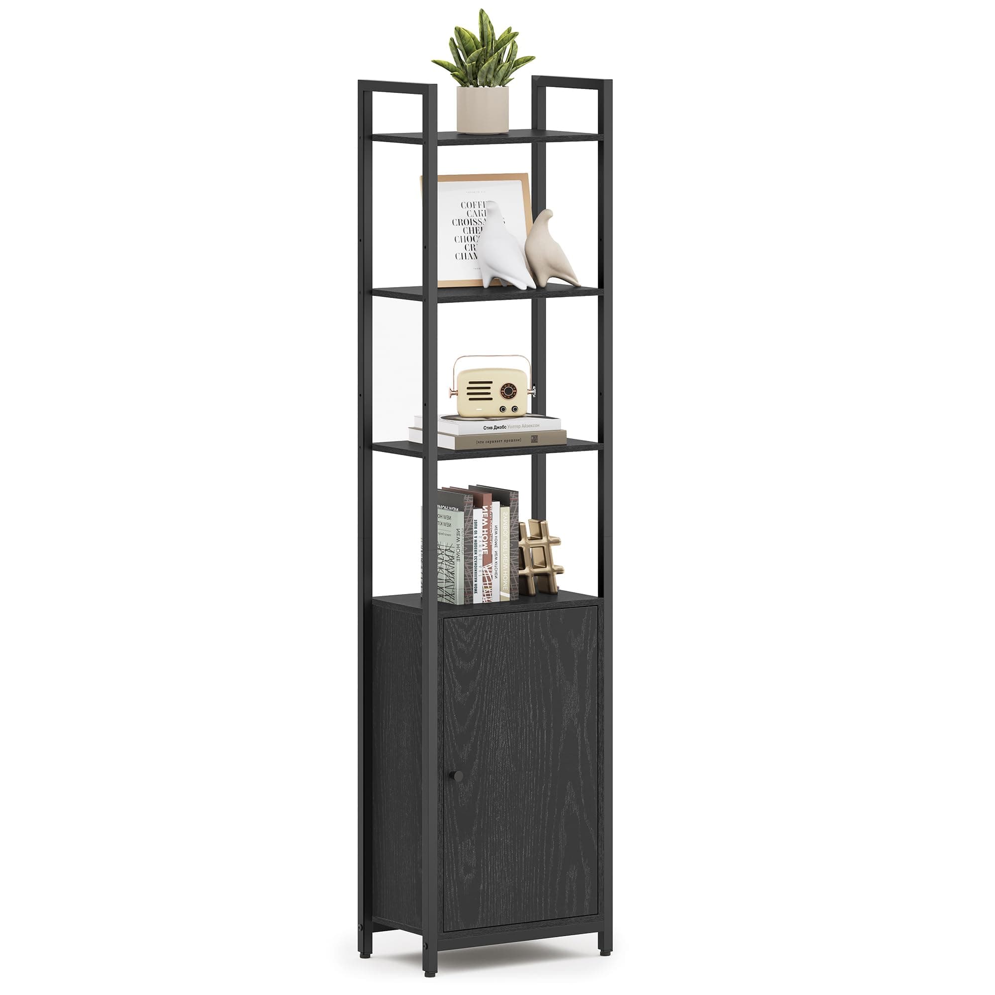 6-Tier Bookshelf with Door, Adjustable Shelves, Steel Frame