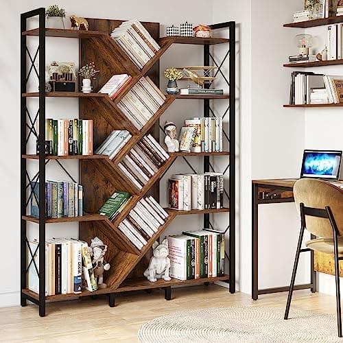 YITAHOME Rustic Brown 5-Tier Large Tree Bookshelf for Living Room and Office