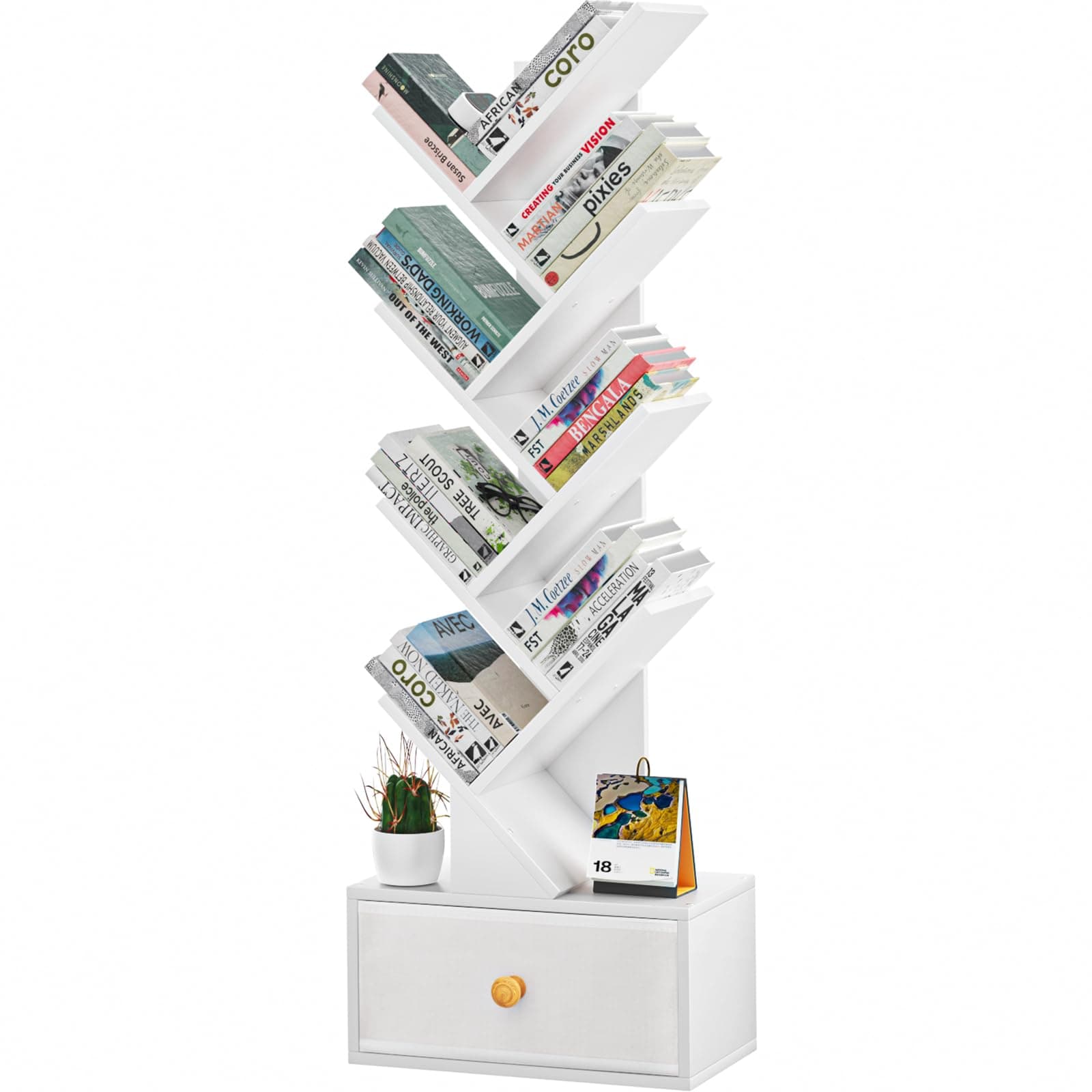 White 8-Tier Tree Bookshelf with Drawer, Free-Standing Wood Bookcase