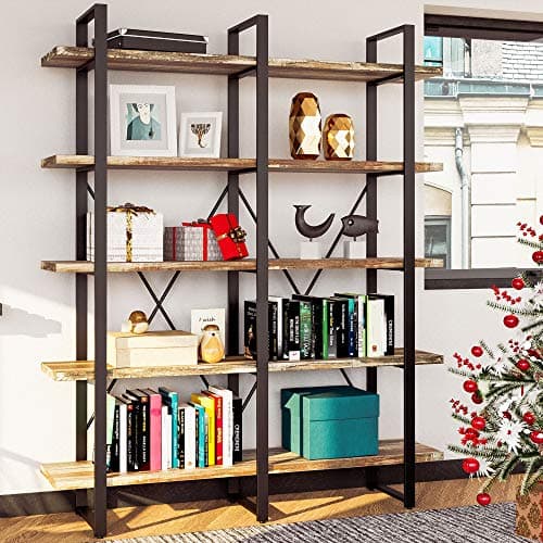 IRONCK Double Wide 5 Tier Wood & Metal Bookshelf, Large Open Shelves, Home Office Furniture, Easy Assembly