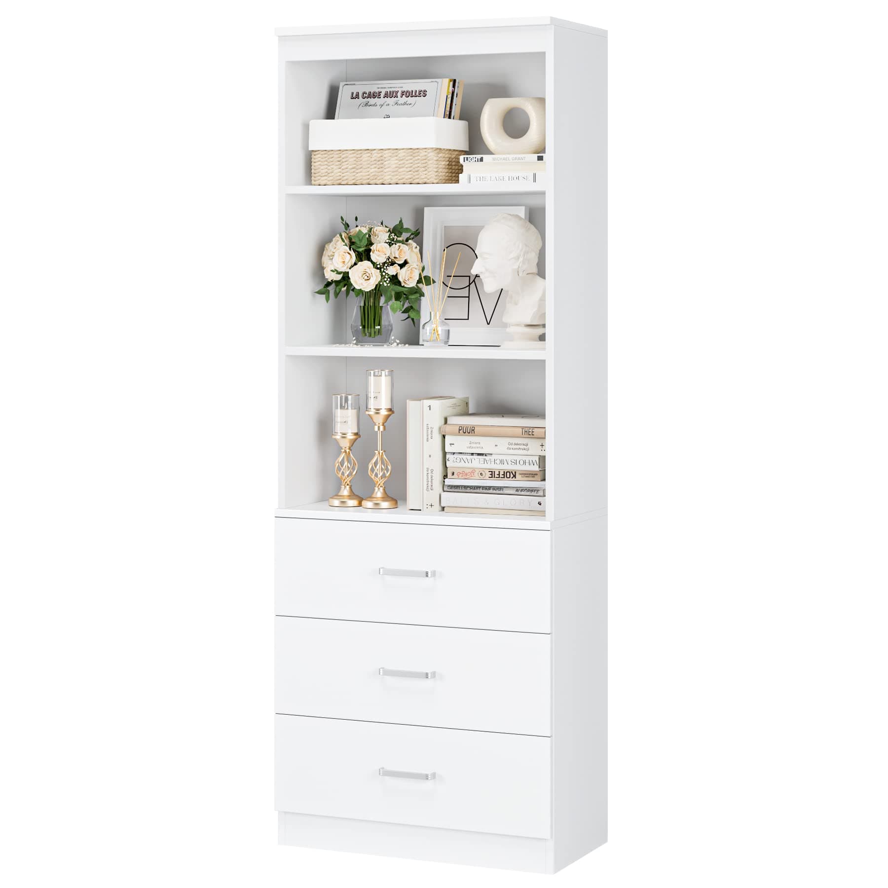 Fotosok 71" White Bookshelf with Drawers & 3-Tier Shelves for Home Office