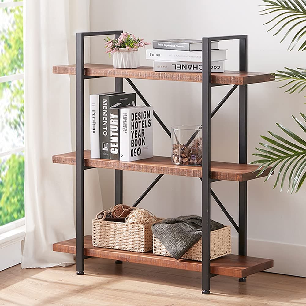 HSH Natural Rustic Wood 3 Tier Distressed Brown Bookshelf