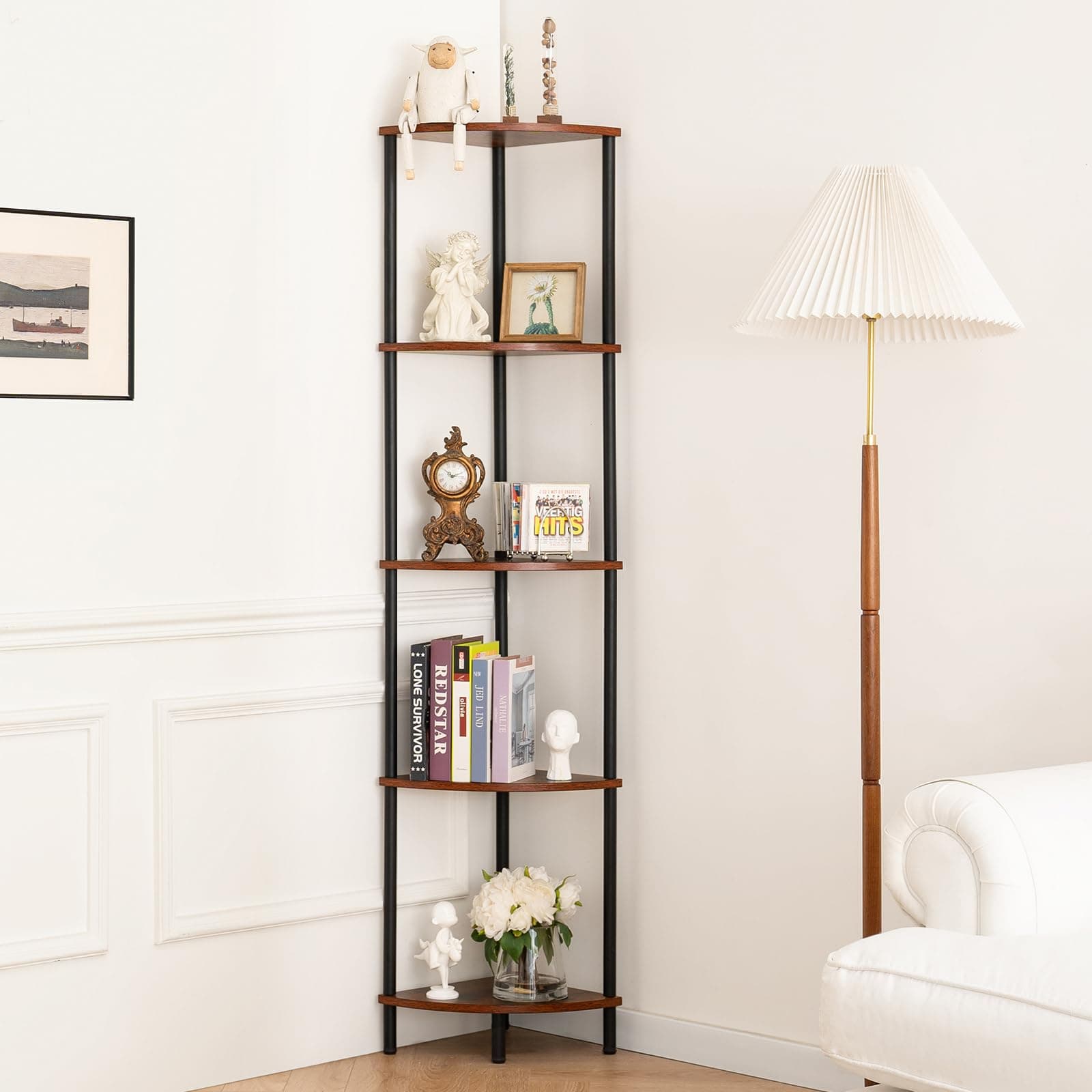 Yoorbure 5-Tier Tall Corner Shelf Stand, 65" Rustic Display Bookcase