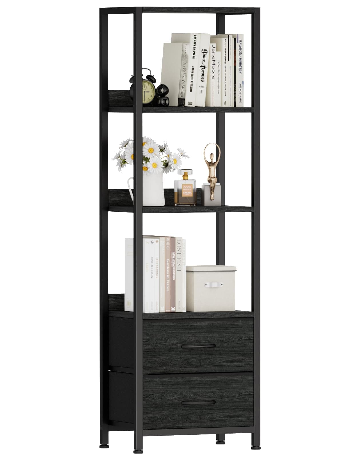 Furnulem 4-Tier Corner Bookshelf with Drawers, 57.28” Tall, Standing Shelf Organizer