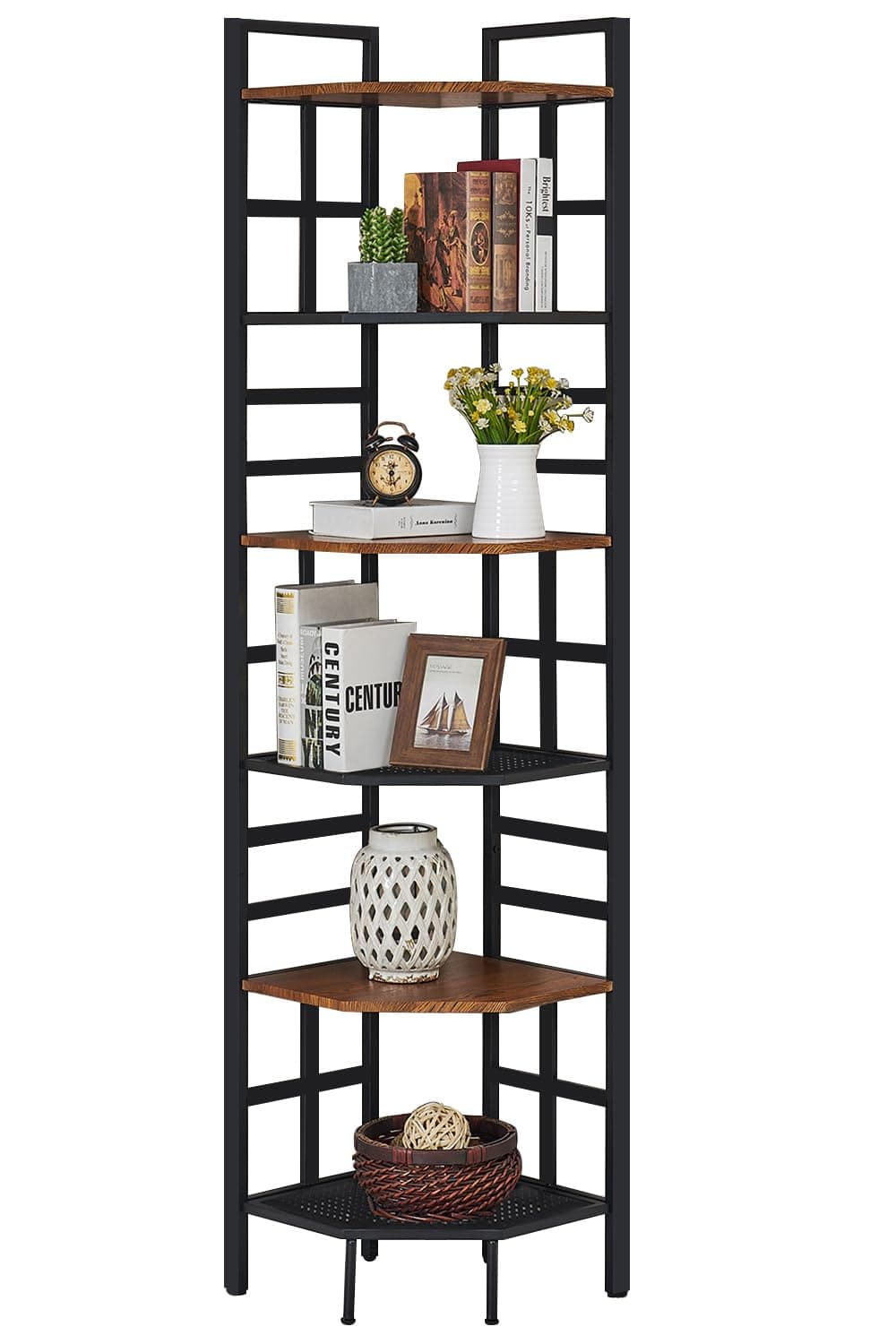 Industrial Corner Shelf for Home Office and Living Room - Brown