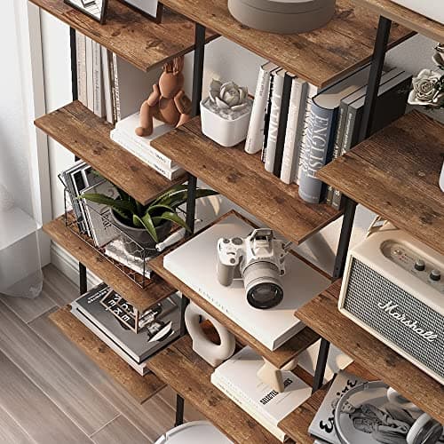 5-Tier Industrial Wooden and Metal Wall Mounted Bookshelf (Rustic Brown, Large)