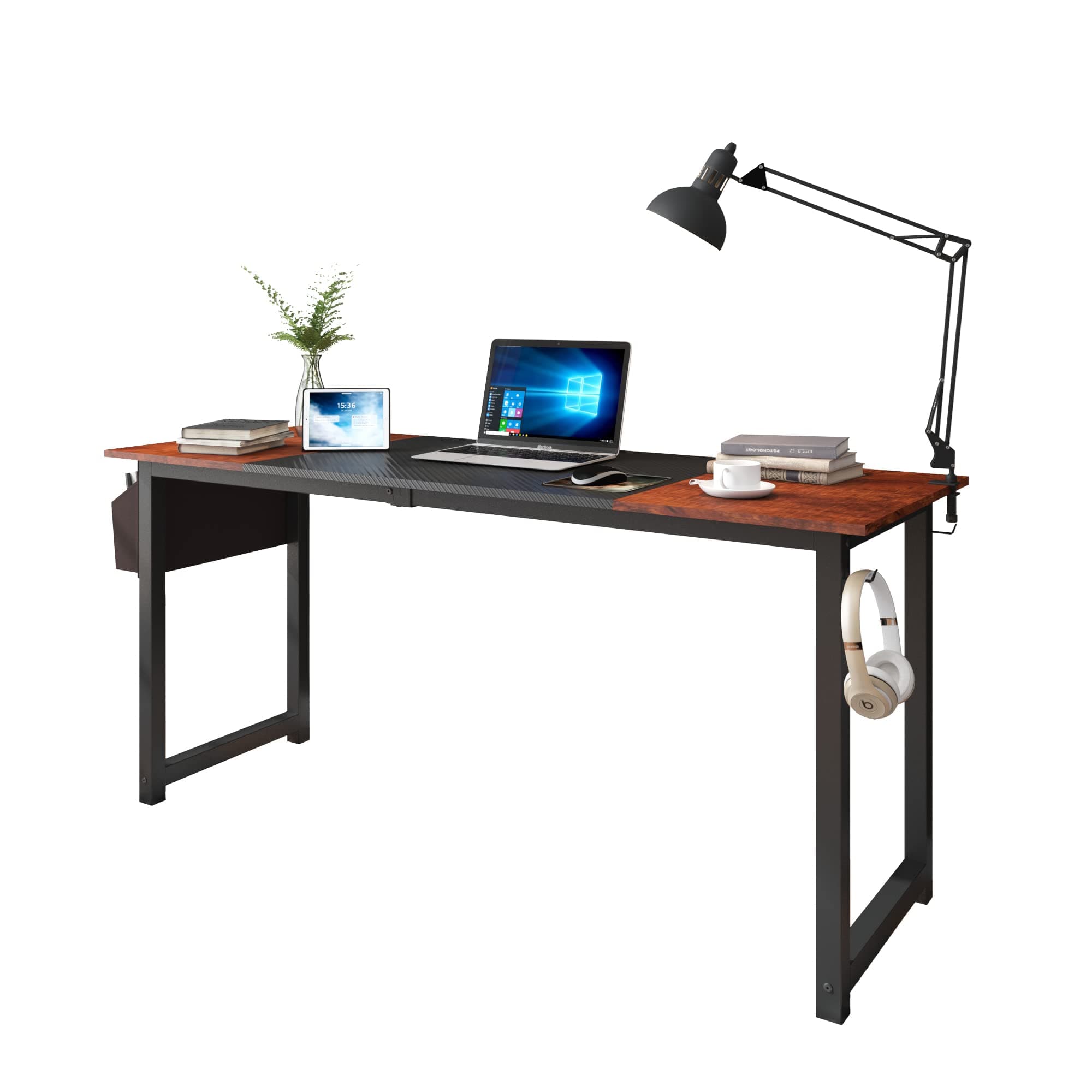 Decoholic 63-Inch Industrial Modern Home Office Desk with Storage Bag and Hook - Black and Sandalwood