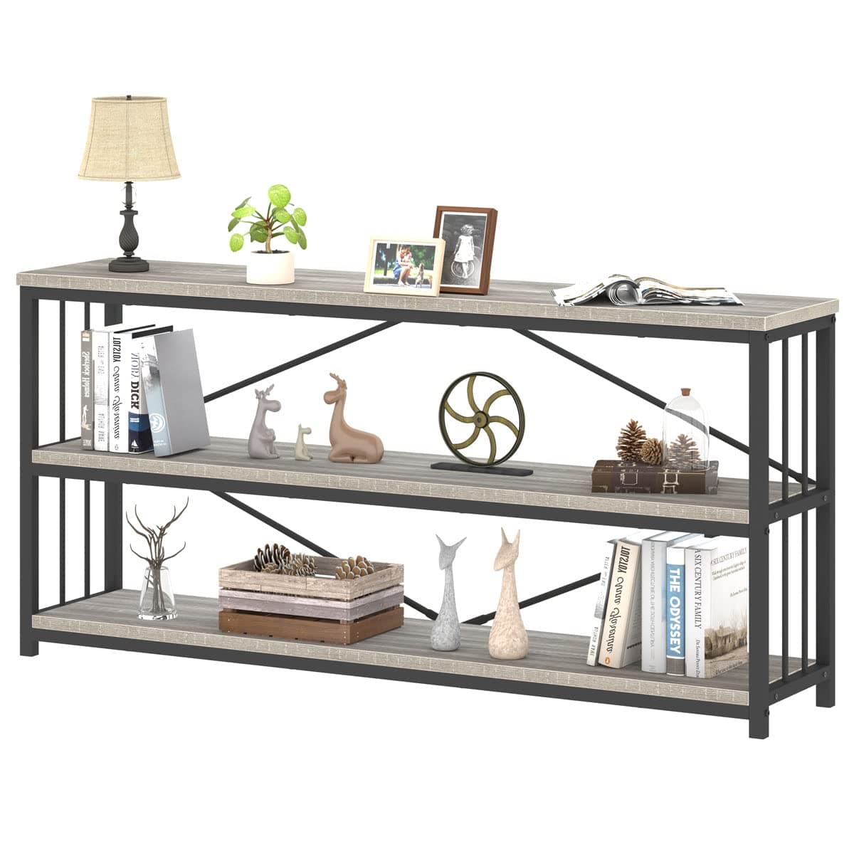Industrial Modern 3 Tier Grey Rustic Metal and Wood Bookshelf, 63" Wide, Light Grey Oak, Living Room and Bedroom Storage