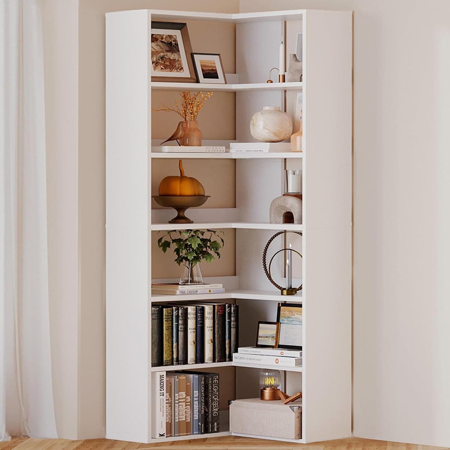 Oneinmil White Large Corner Bookshelf 6 Tiers with Baffles Storage Display Rack