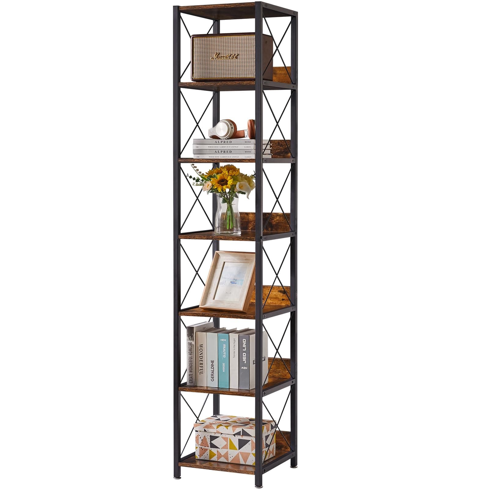 IBUYKE 6-Tier Tall Narrow Bookcase, Rustic Brown for Small Spaces