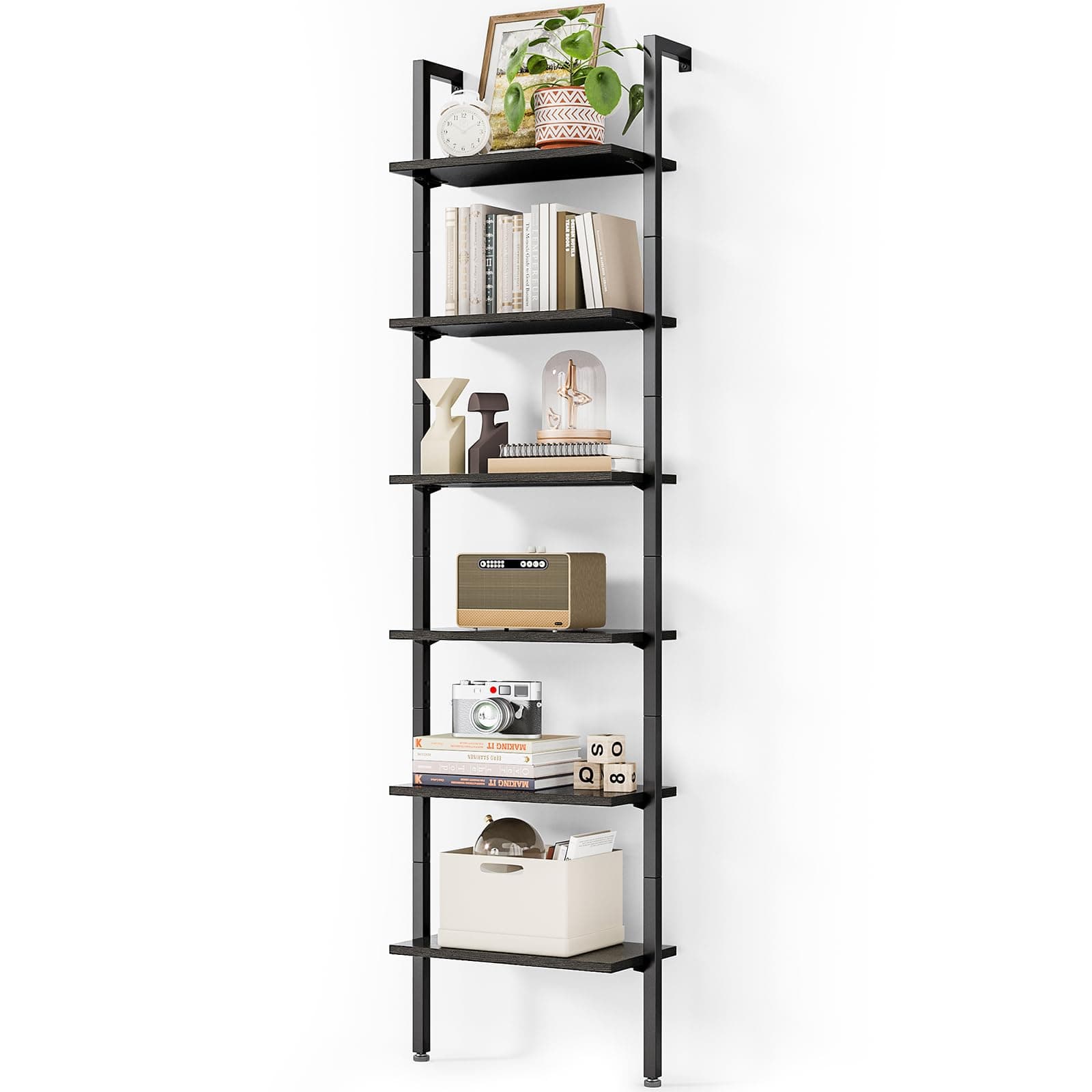 6 Tier ODK Black Metal Ladder Bookshelf, Wall Mounted