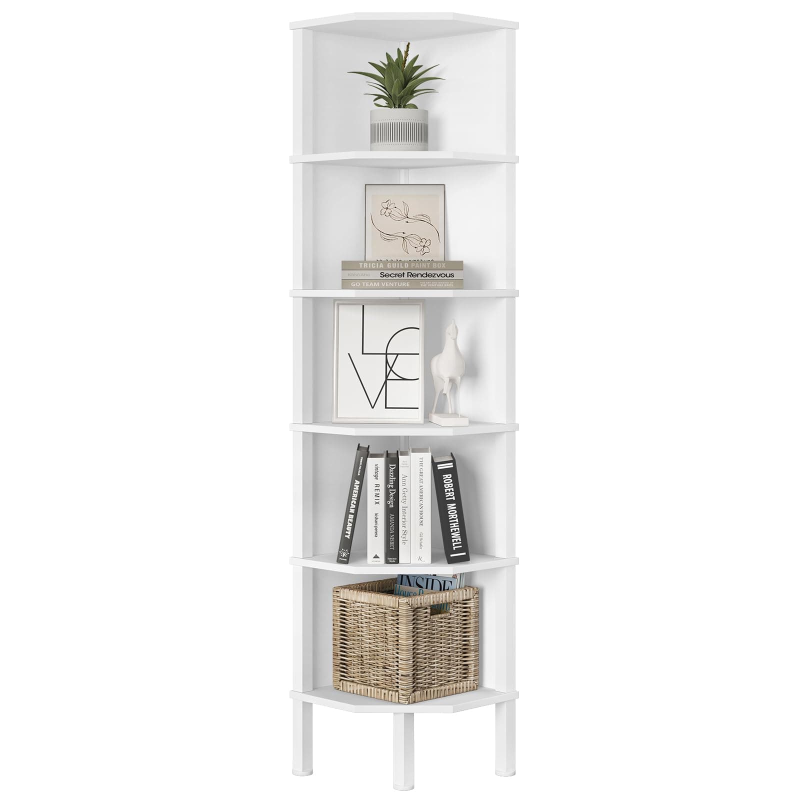 Wooden Corner Shelf for Small Spaces - White (6 Tier)