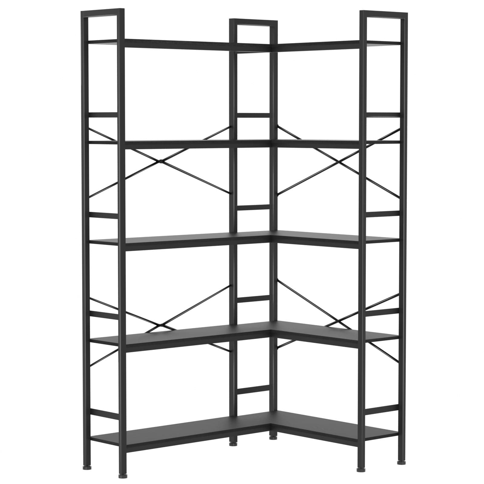 Black 5-Tier L-Shaped Corner Bookshelf with Open Storage