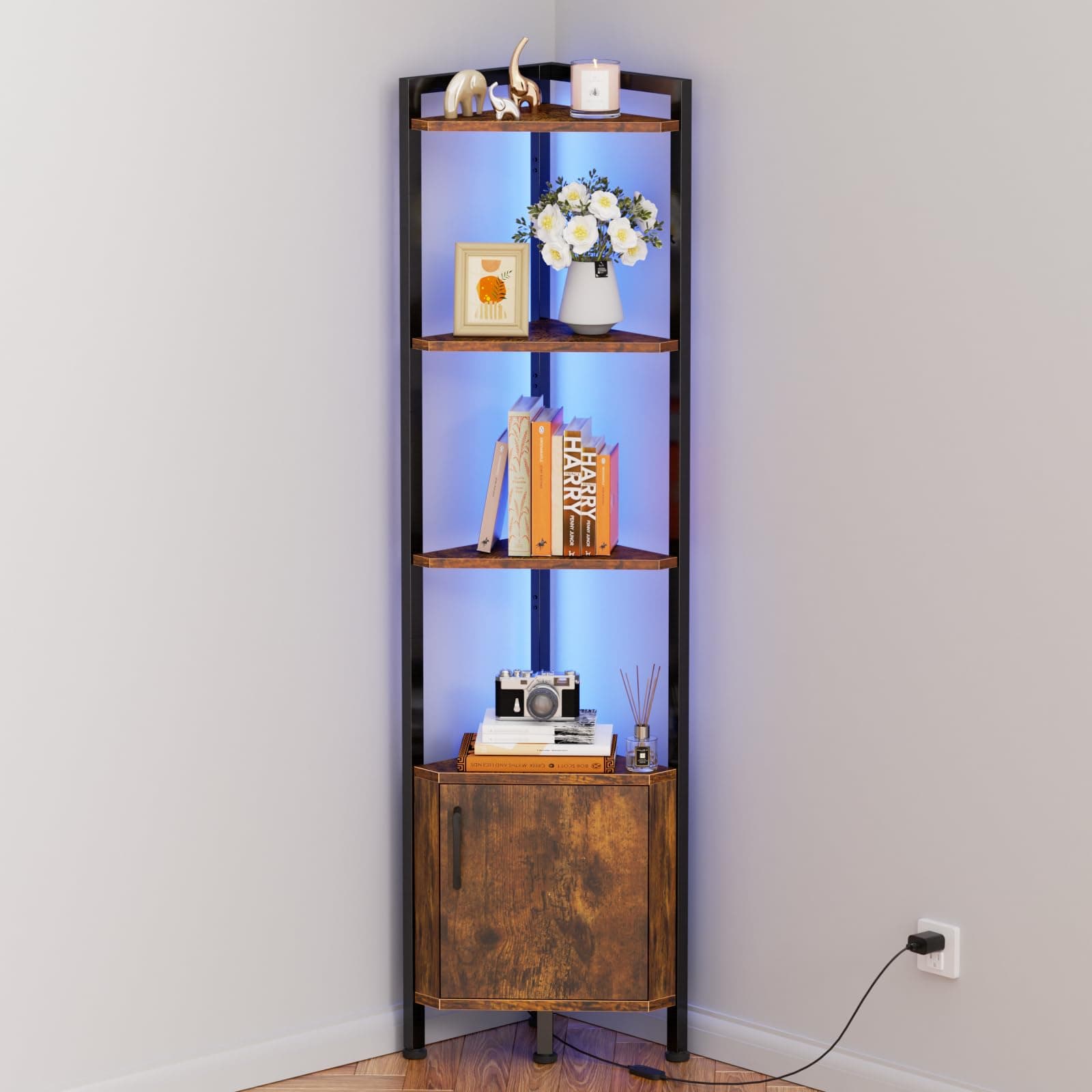Narrow 5-Tier LED Corner Shelf with Storage for Bedroom, Living Room, Kitchen - Rustic Brown Wood Display Shelf