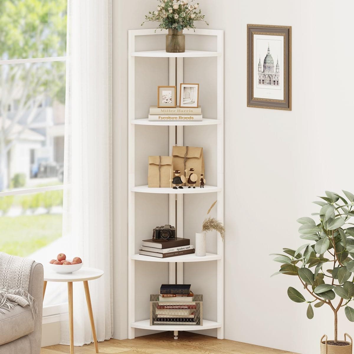 FATORRI White Oak 5 Tier Modern Corner Bookshelf Stand