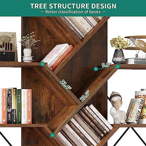 YITAHOME Rustic Brown 5-Tier Large Tree Bookshelf for Living Room and Office
