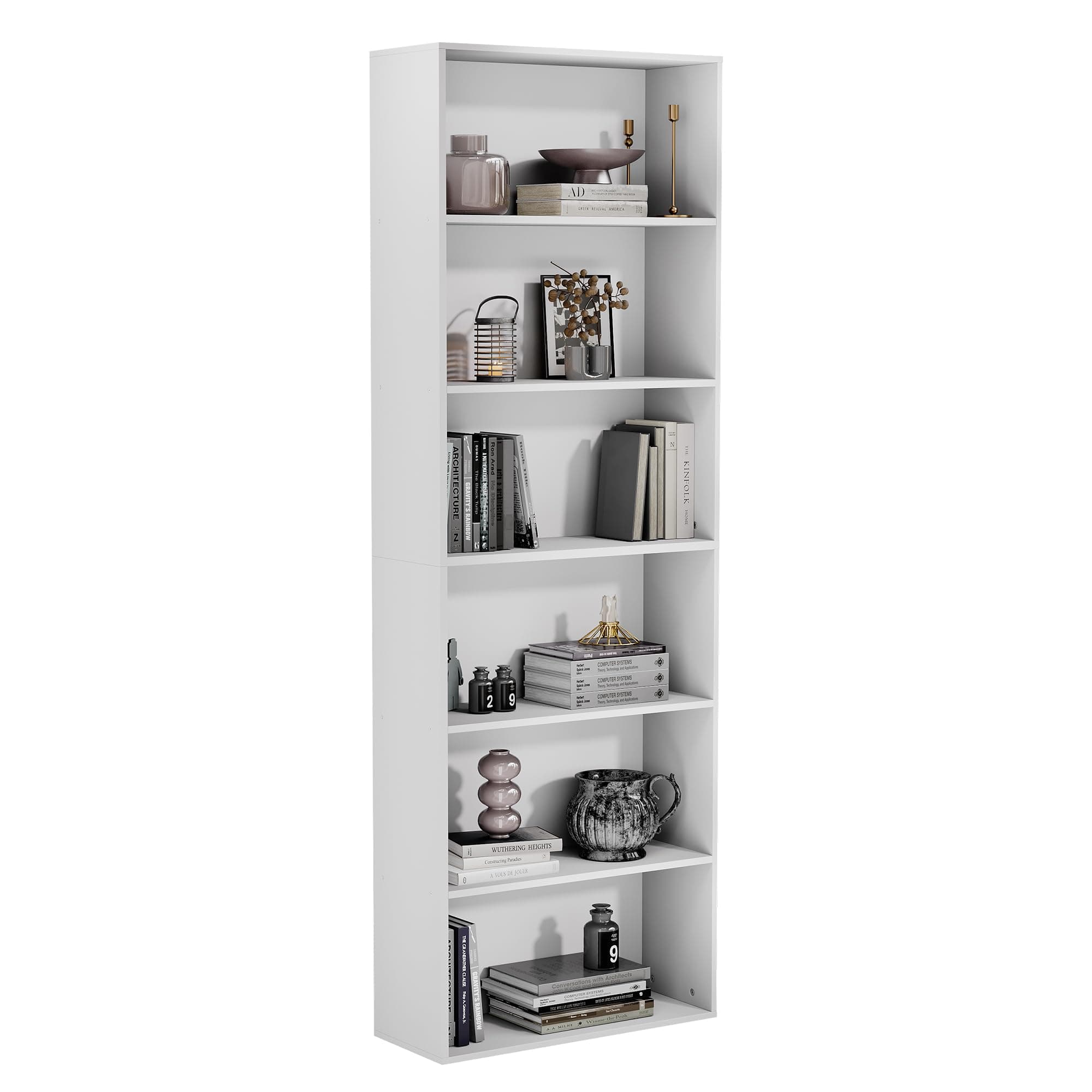 Tall 70.8" White Bookcase, 6-Tier Display Shelf for Living Room, Home Office
