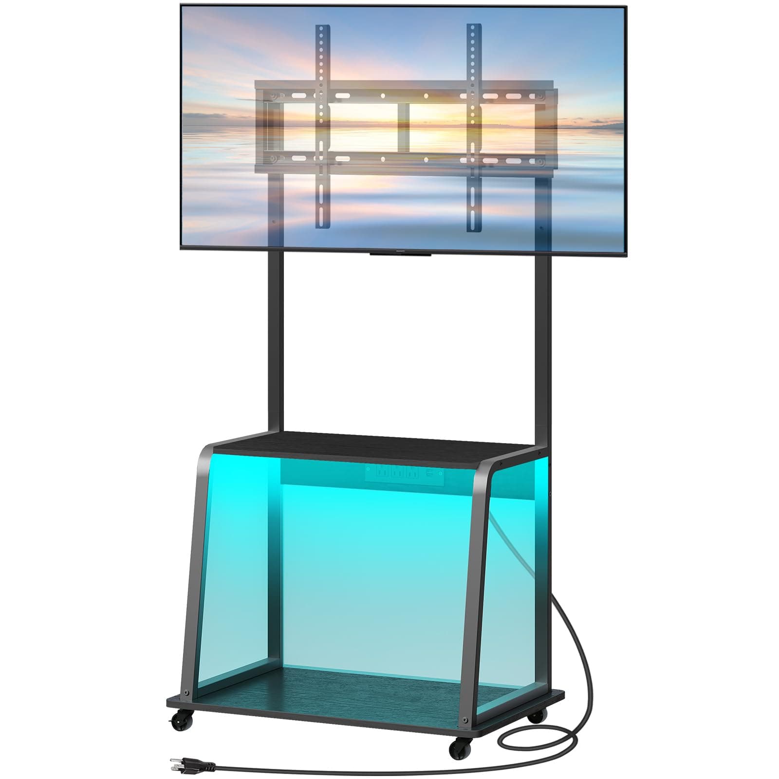 Corner TV Stand with Mount and Power Outlet, Rolling TV Stand for TVs up to 55 with LED Lights - Black for Living Room, Bedroom, Office