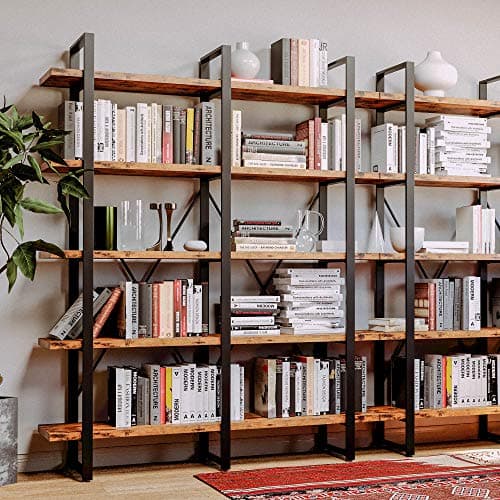 IRONCK Double Wide 5 Tier Wood & Metal Bookshelf, Large Open Shelves, Home Office Furniture, Easy Assembly