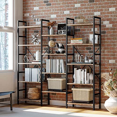 IRONCK Triple Wide Industrial Bookshelf with 5 Tiers for Living Room, Bedroom, and Home Office