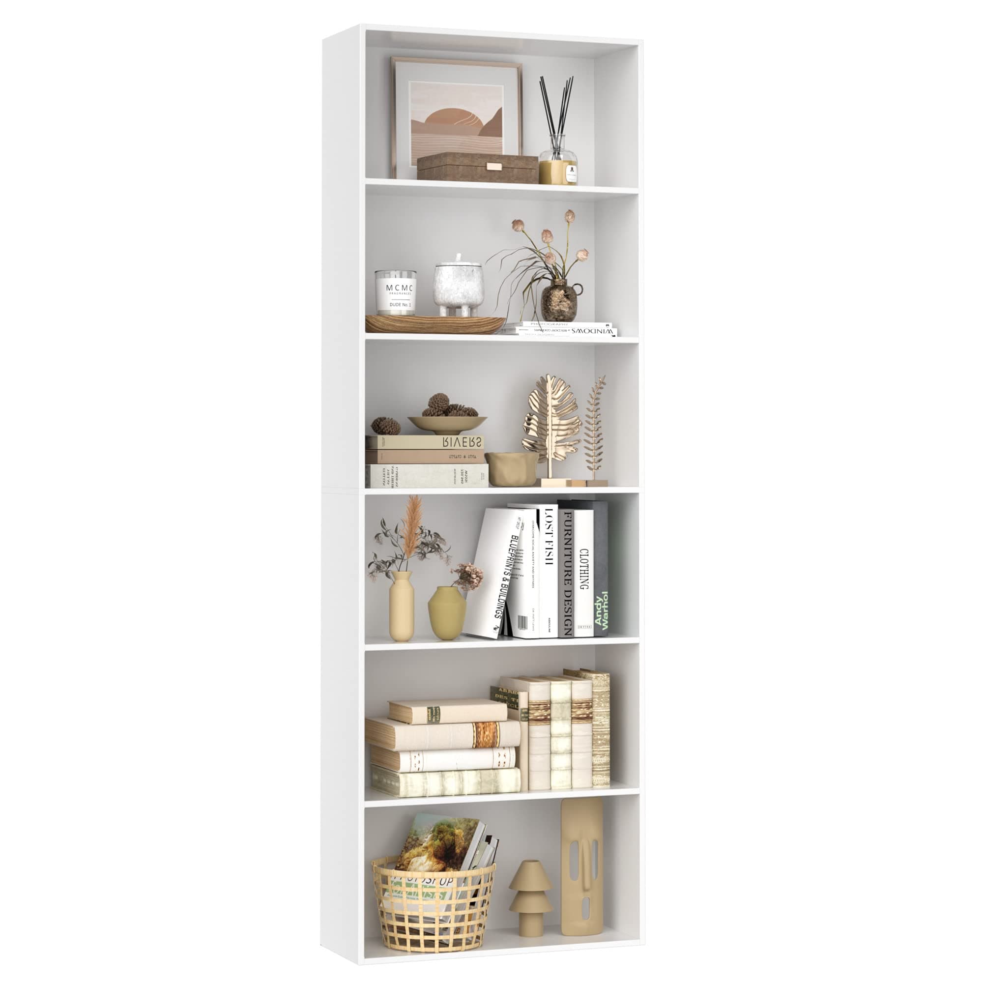 Fotosok 6-Tier White Open Bookshelf for Living Room, Bedroom, and Office