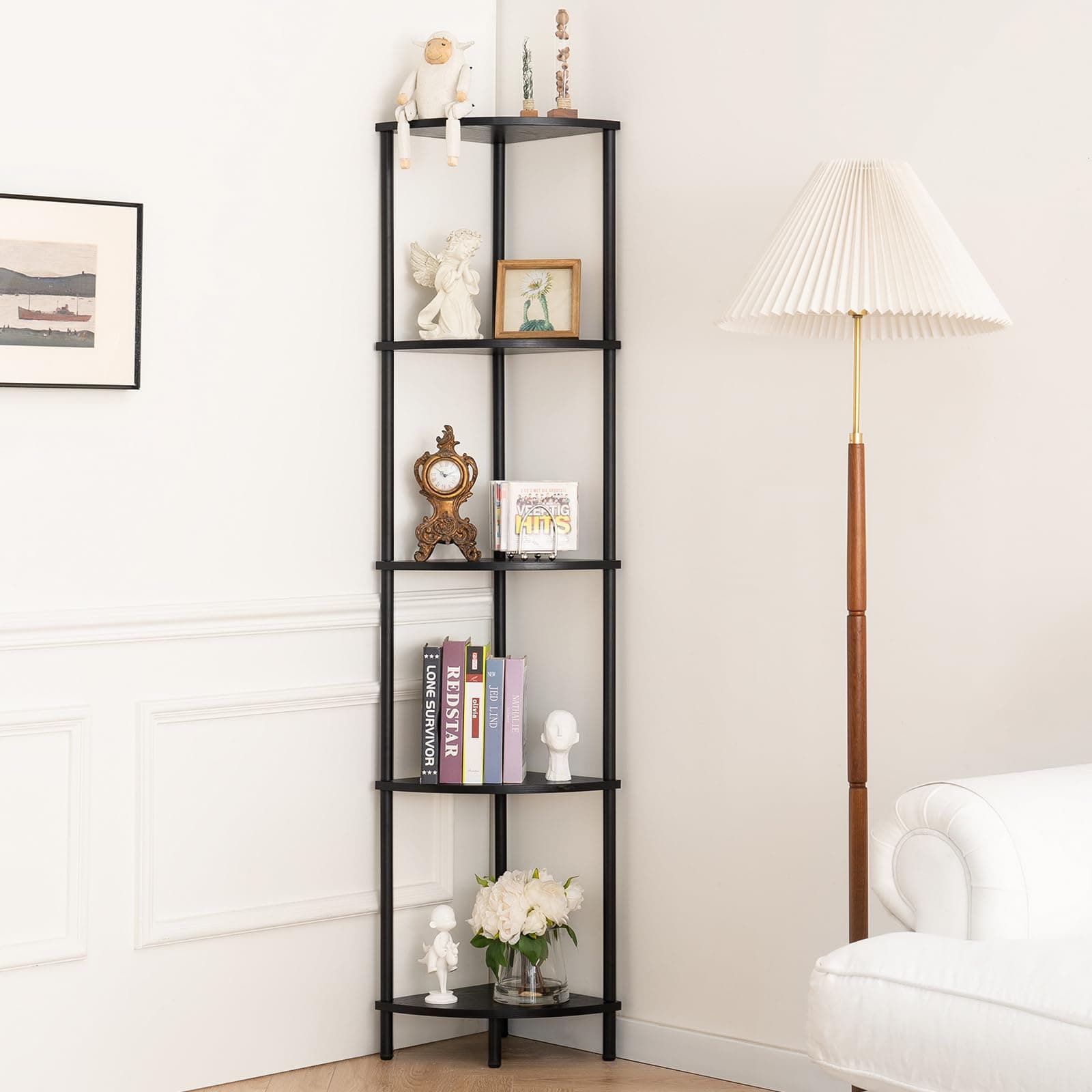 5-Tier Tall Black Corner Shelf for Bedroom and Office