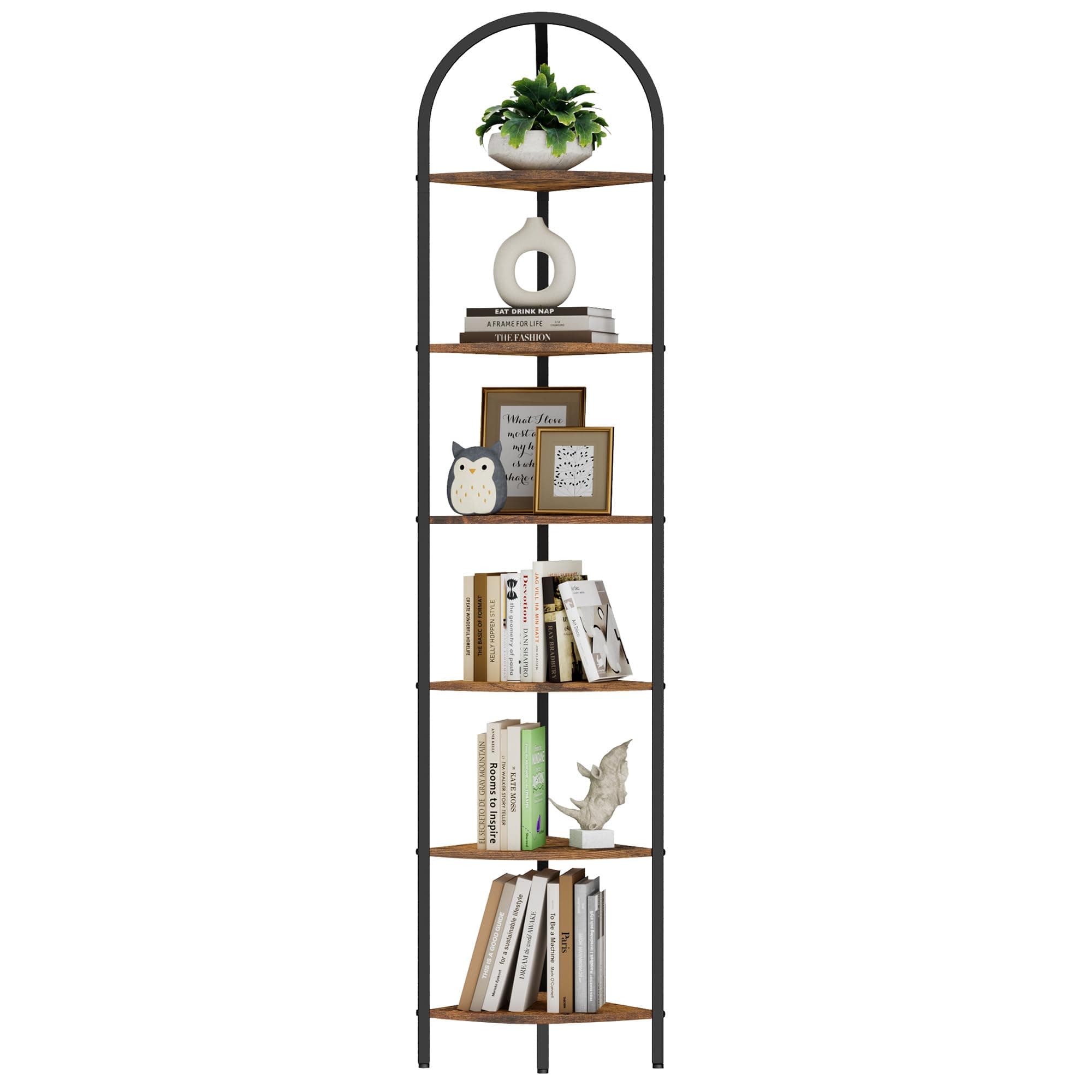 Homedy 6-Tier Arched Corner Shelf Stand, Industrial Brown & Black꽂'icon