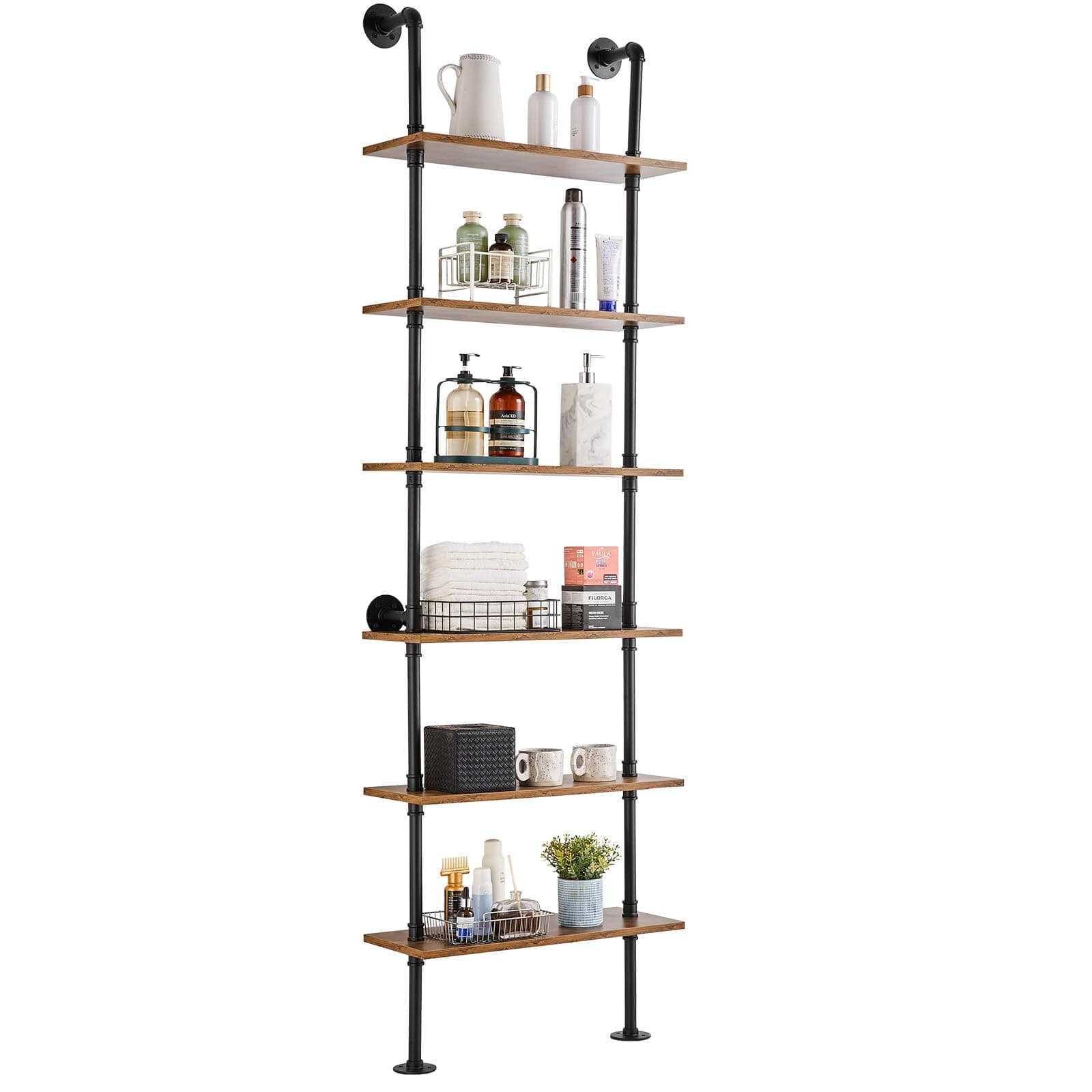 VEVOR Black Rustic Wood 6 Tier Wall-Mounted Float Shelf Kitchen Bedroom Storage